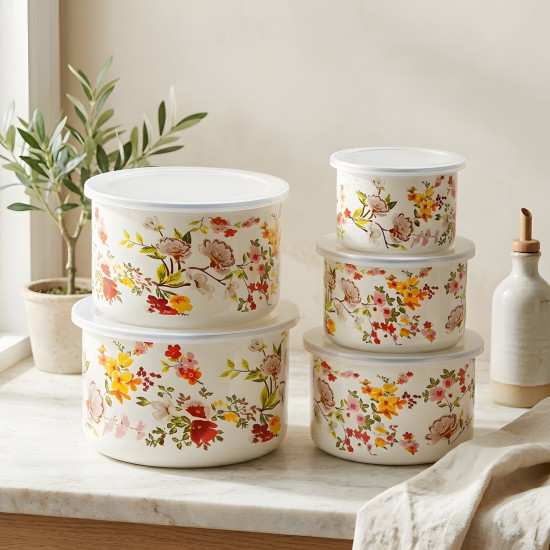 Floral Pattern Metal Tupperware Set - 5 Pcs